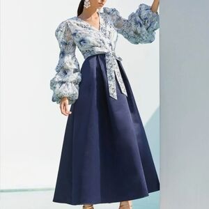 Elegant Navy Blue Dress with Floral Top